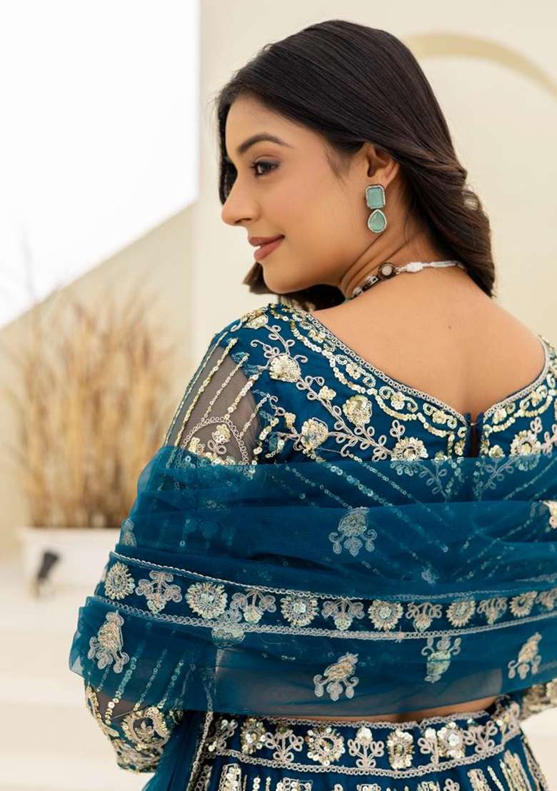 Blue Net Lehenga Set with Embroidery for Diwali | Wedding & Festive Wear - Indya