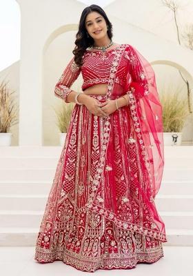 Pink Embroidery Net Lehenga Set