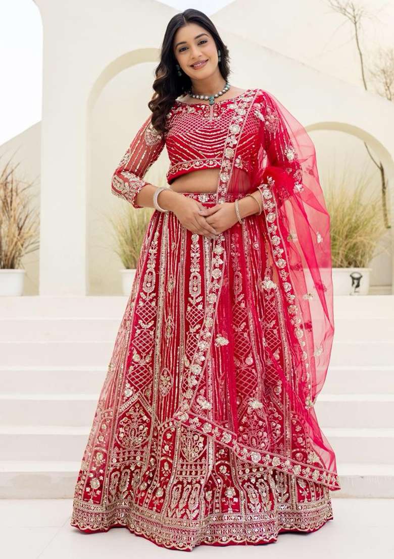 Pink Embroidery Net Lehenga Set for Diwali and Festive Wear - Indya