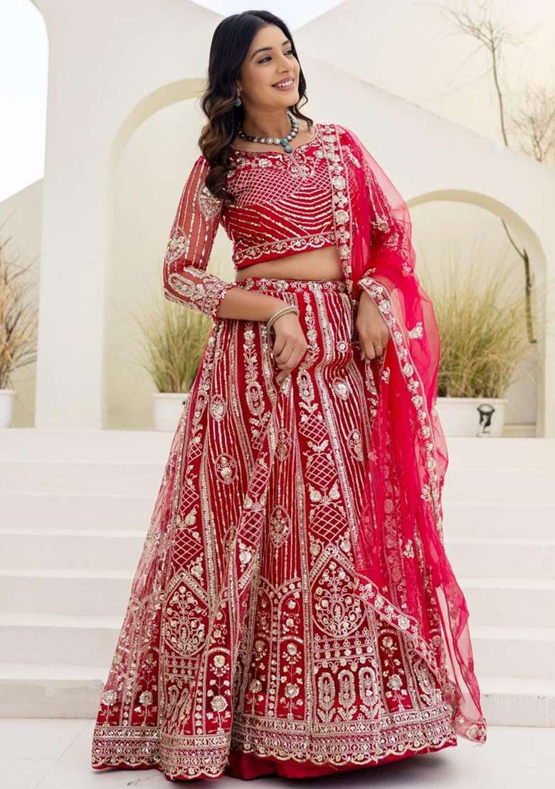 Pink Embroidery Net Lehenga Set for Diwali and Festive Wear - Indya