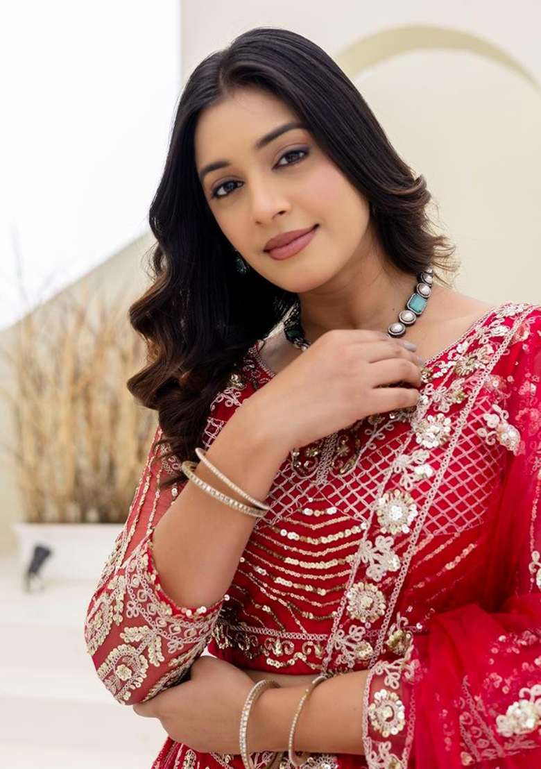Pink Embroidery Net Lehenga Set for Diwali and Festive Wear - Indya