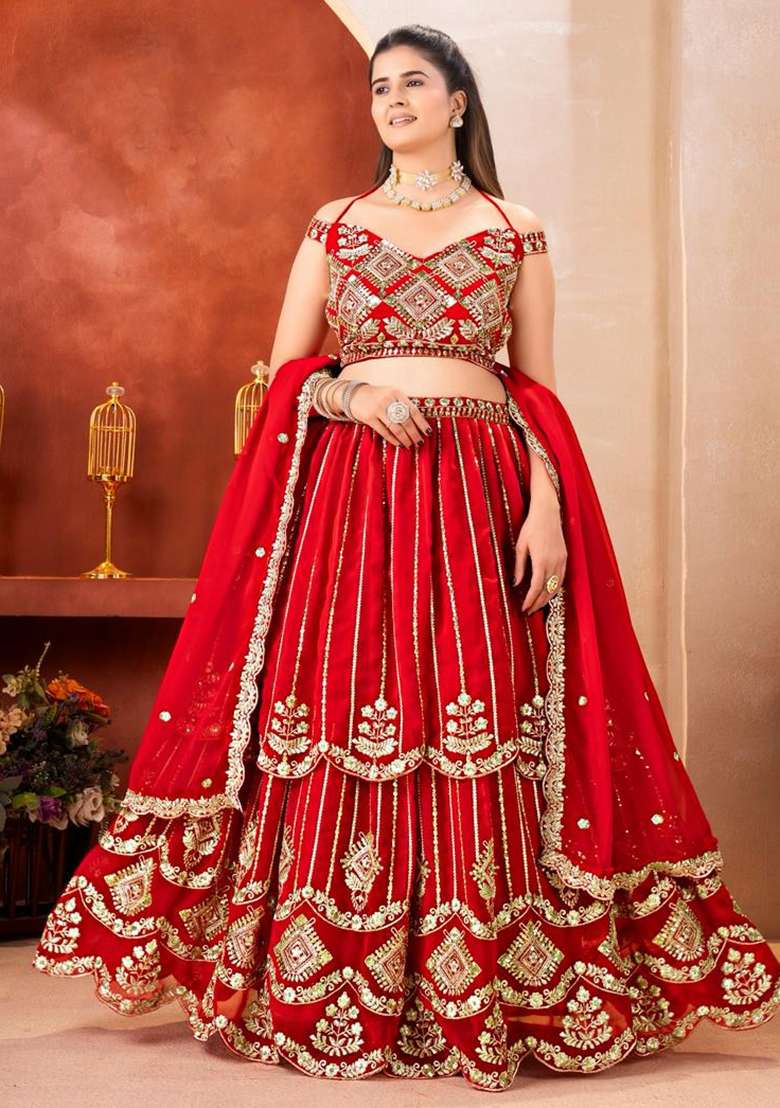 Red Georgette Lehenga Set with Embroidery for Diwali | Wedding & Festive Wear - Indya