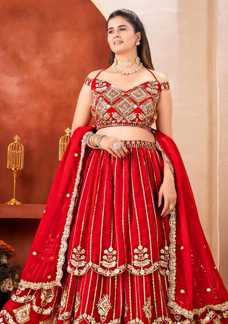Red Georgette Lehenga Set with Embroidery for Diwali | Wedding & Festive Wear - Indya