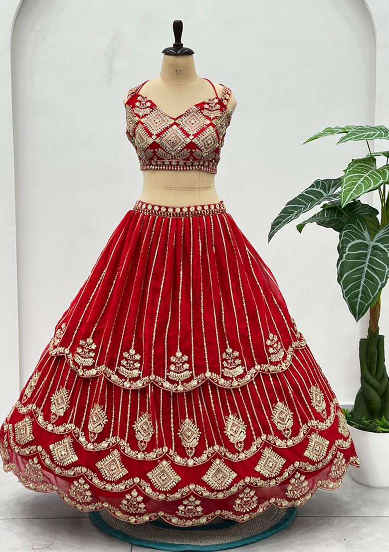 Red Georgette Lehenga Set with Embroidery for Diwali | Wedding & Festive Wear - Indya