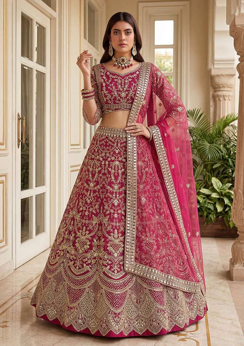 Pink Embroidery Net Lehenga Set for Diwali and Festive Wear - Indya