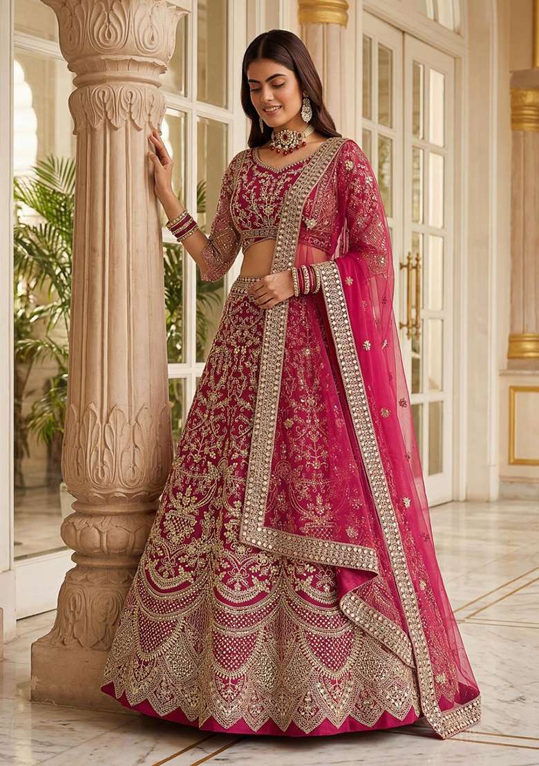 Pink Embroidery Net Lehenga Set for Diwali and Festive Wear - Indya