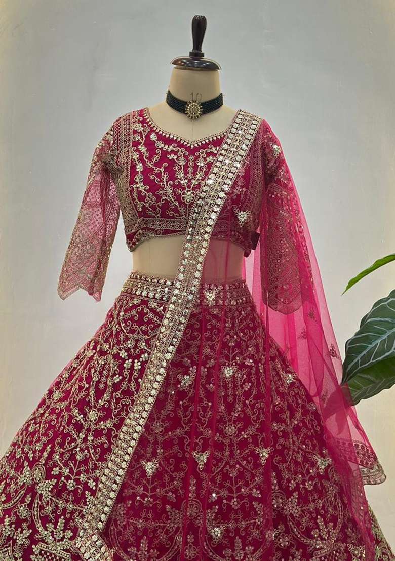 Pink Embroidery Net Lehenga Set for Diwali and Festive Wear - Indya
