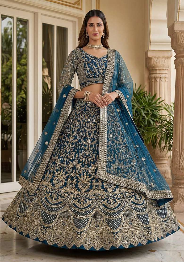 Blue Embroidery Net Lehenga Set for Diwali and Festive Wear - Indya