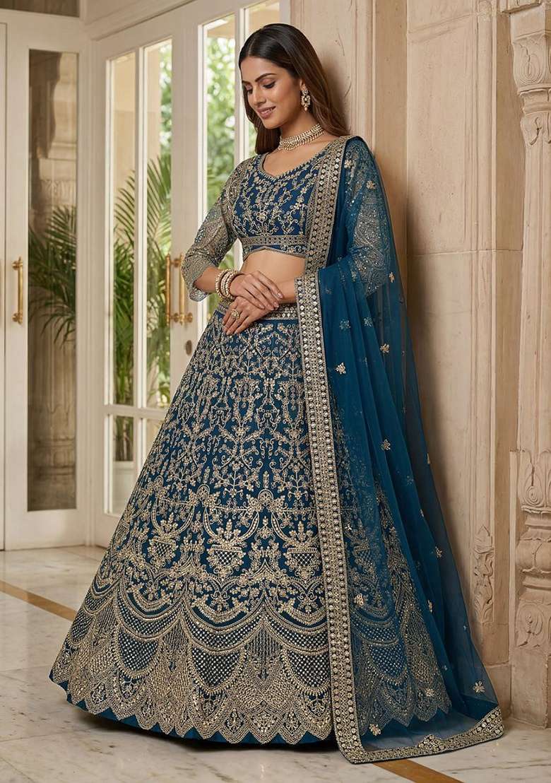 Blue Embroidery Net Lehenga Set for Diwali and Festive Wear - Indya