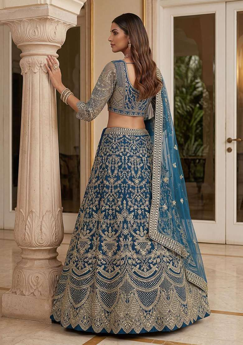 Blue Embroidery Net Lehenga Set for Diwali and Festive Wear - Indya