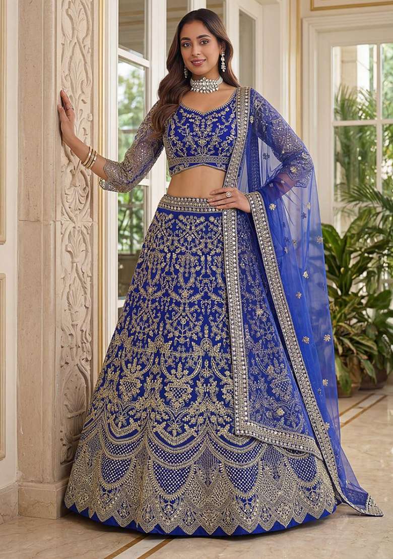 Purple Net Lehenga Set with Embroidery for Diwali | Wedding & Festive Wear - Indya