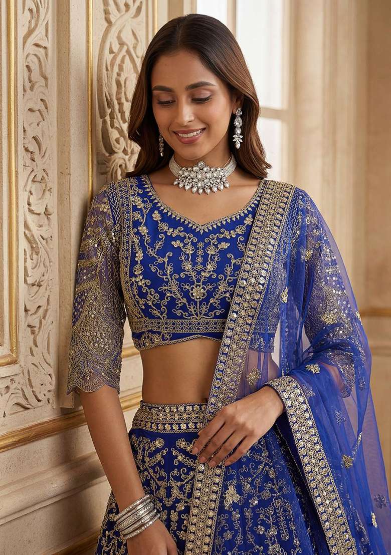 Purple Net Lehenga Set with Embroidery for Diwali | Wedding & Festive Wear - Indya