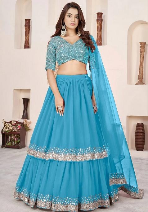 Blue Sequins Georgette Lehenga Set