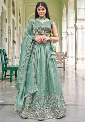 Green Embroidery Crush Lehenga Set