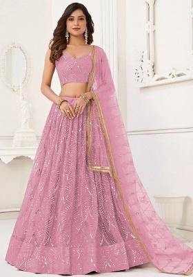 Pink Embroidery Net Lehenga Set