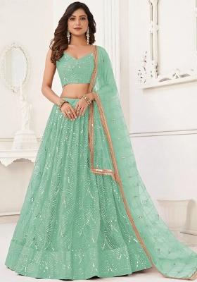 Green Embroidery Net Lehenga Set