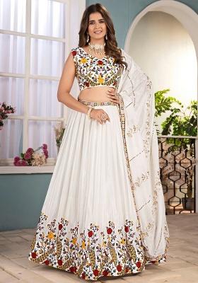 Off White Embroidery Silk Lehenga Set