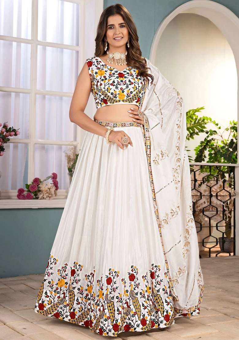 Off White Silk Blend Lehenga Set with Embroidery for Diwali | Wedding & Festive Wear - Indya