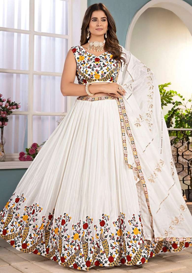 Off White Silk Blend Lehenga Set with Embroidery for Diwali | Wedding & Festive Wear - Indya