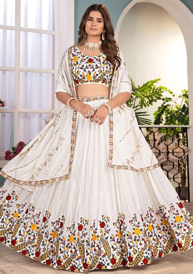 Off White Silk Blend Lehenga Set with Embroidery for Diwali | Wedding & Festive Wear - Indya