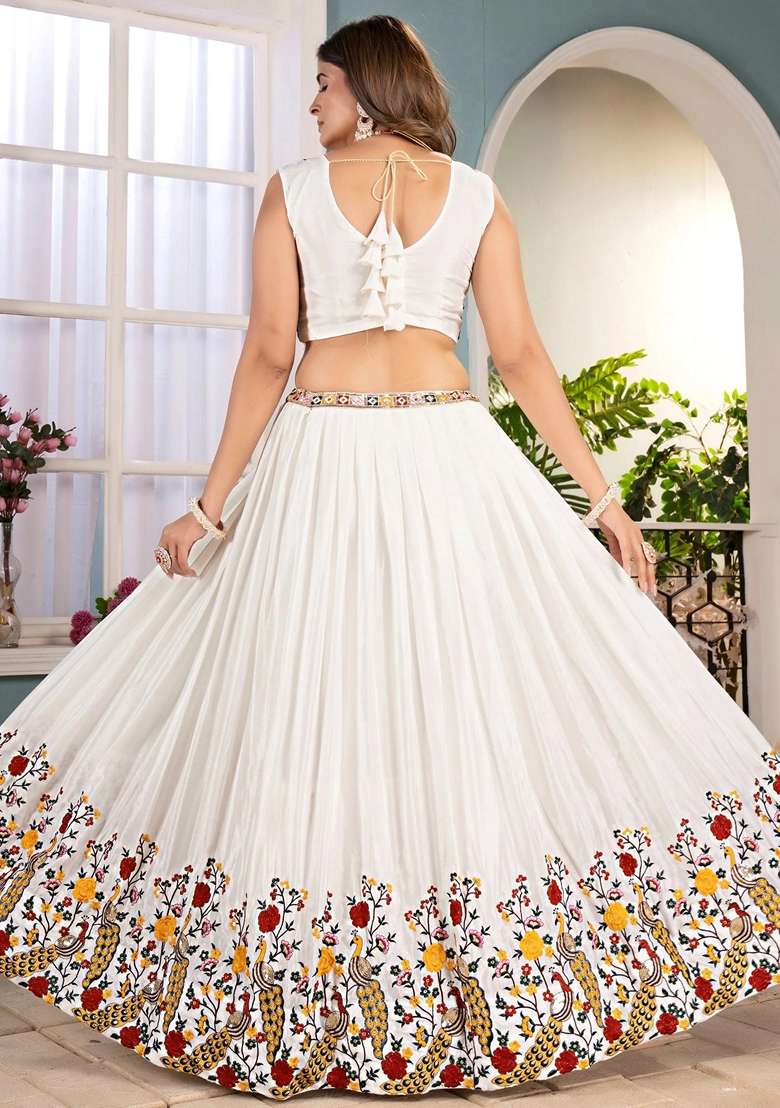 Off White Silk Blend Lehenga Set with Embroidery for Diwali | Wedding & Festive Wear - Indya