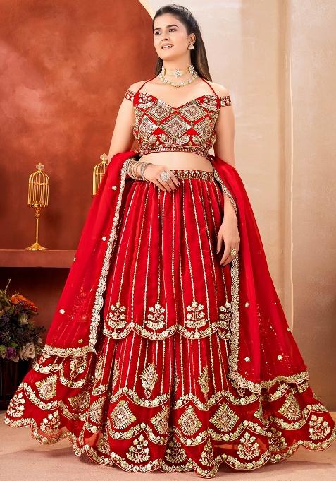 Red Sequins Georgette Lehenga Set — view on Indya
