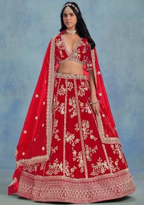 Red Embroidery Silk Lehenga Set
