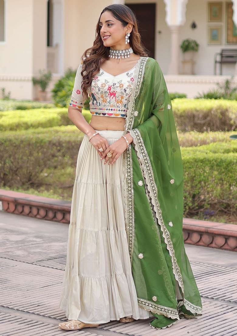Off White Silk Blend Lehenga Set with Embroidery for Diwali | Wedding & Festive Wear - Indya