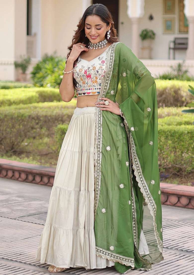 Off White Silk Blend Lehenga Set with Embroidery for Diwali | Wedding & Festive Wear - Indya