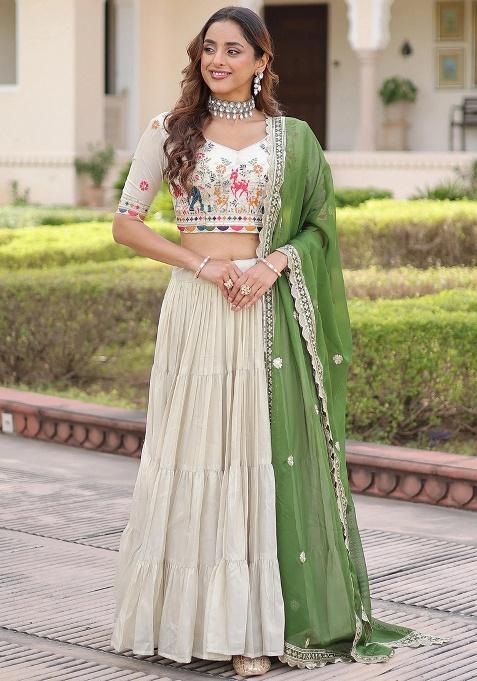 Off White Embroidery Silk Lehenga Set — view on Indya