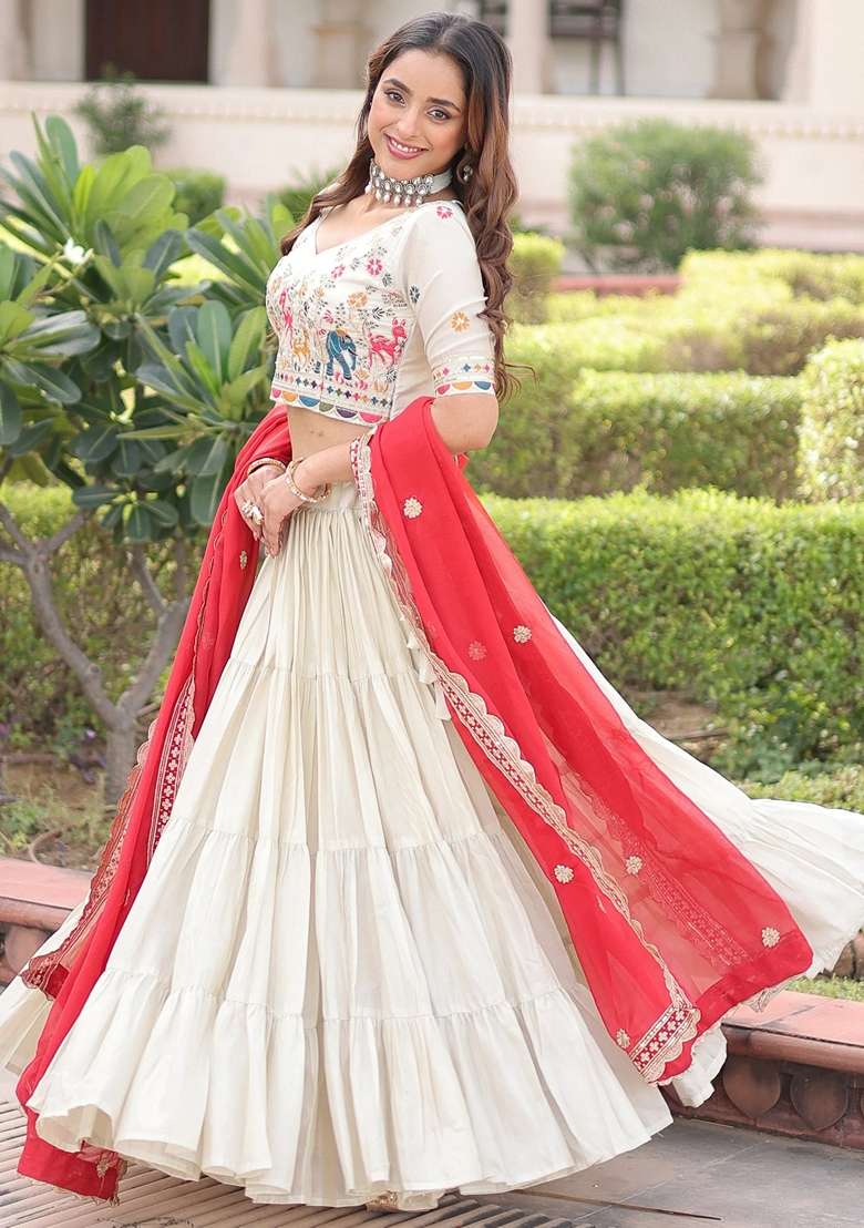 Off White Embroidery Silk Blend Lehenga Set for Diwali and Festive Wear - Indya