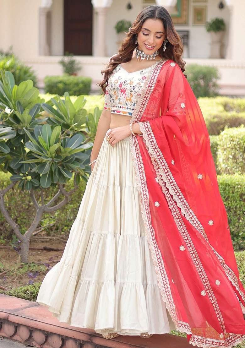 Off White Embroidery Silk Blend Lehenga Set for Diwali and Festive Wear - Indya