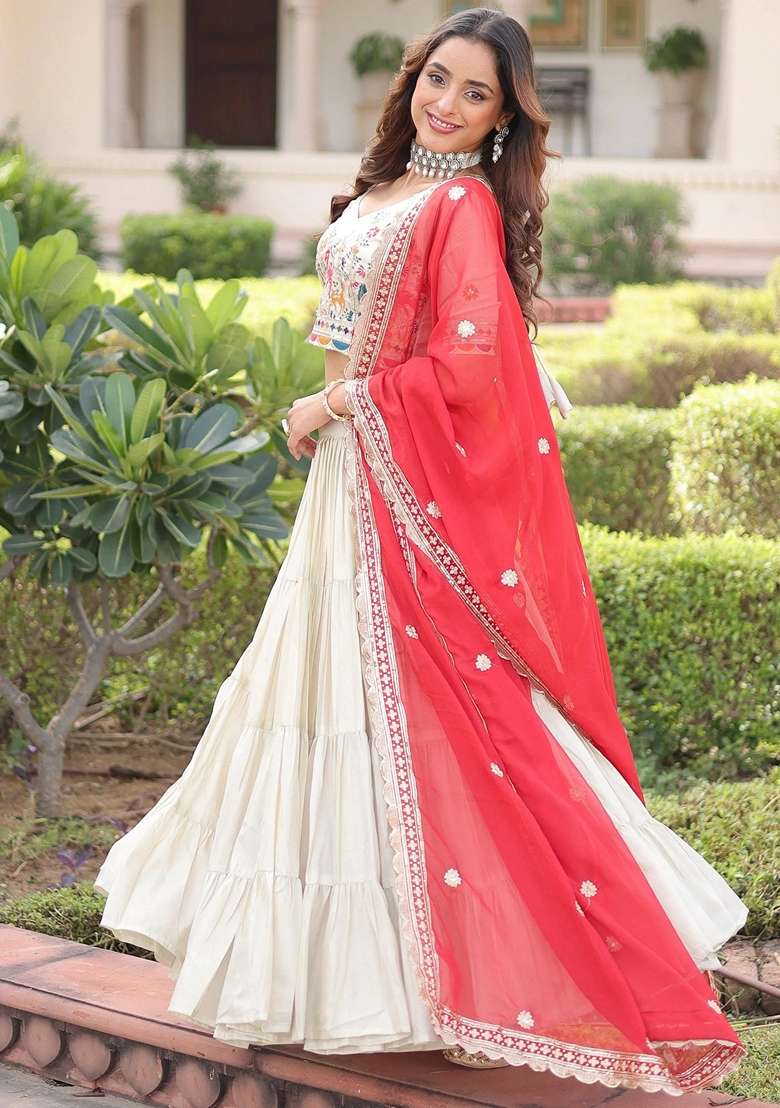 Off White Embroidery Silk Blend Lehenga Set for Diwali and Festive Wear - Indya