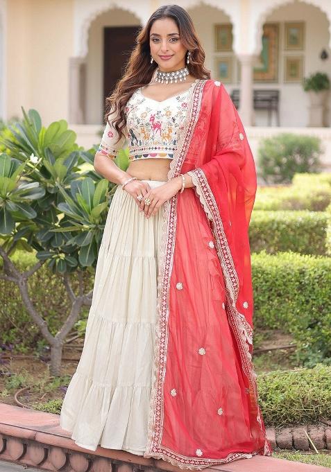 Off White Embroidery Silk Lehenga Set — view on Indya