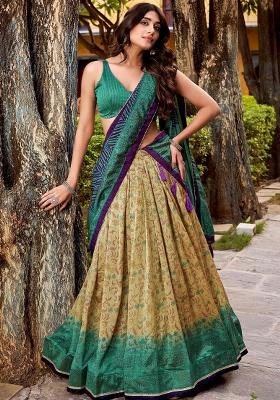 Green Printed Silk Lehenga Set