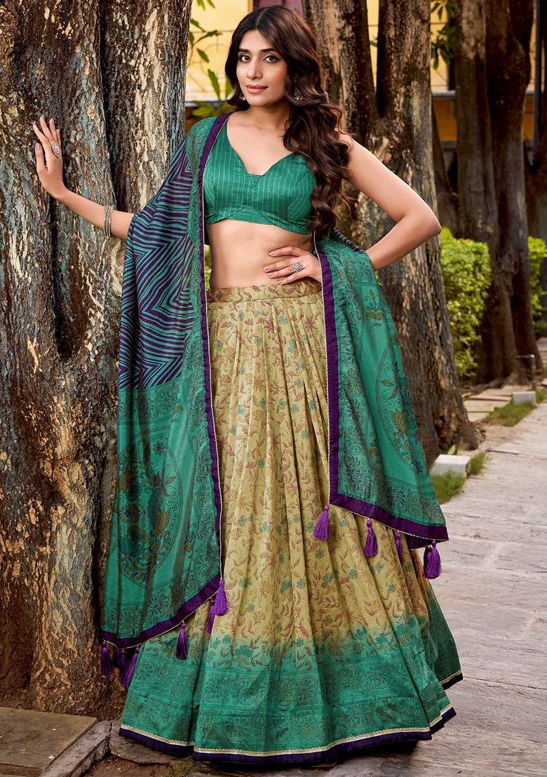 Green Silk Blend Lehenga Set with Printed for Diwali | Wedding & Festive Wear - Indya