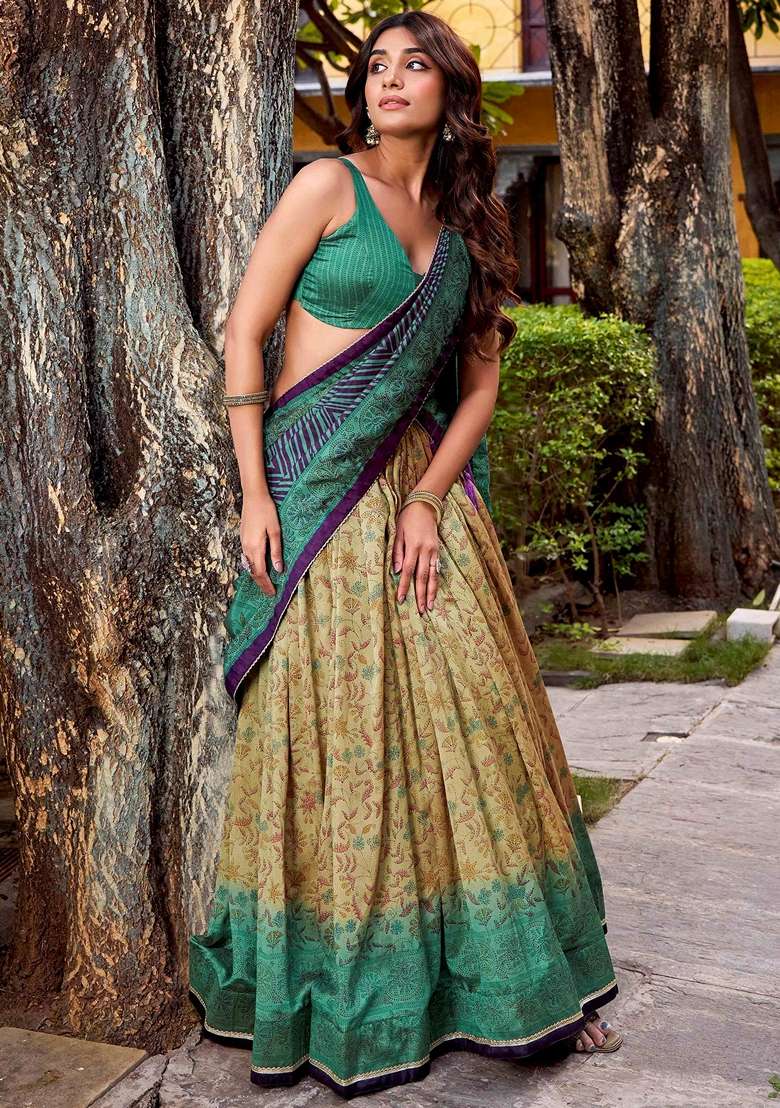 Green Silk Blend Lehenga Set with Printed for Diwali | Wedding & Festive Wear - Indya