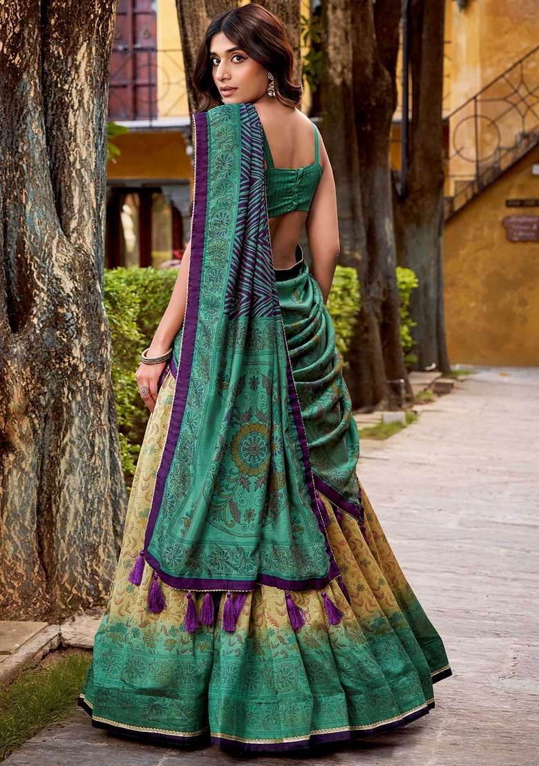 Green Silk Blend Lehenga Set with Printed for Diwali | Wedding & Festive Wear - Indya