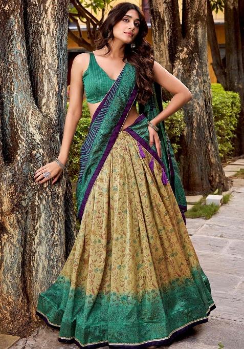 Green Printed Silk Lehenga Set — view on Indya
