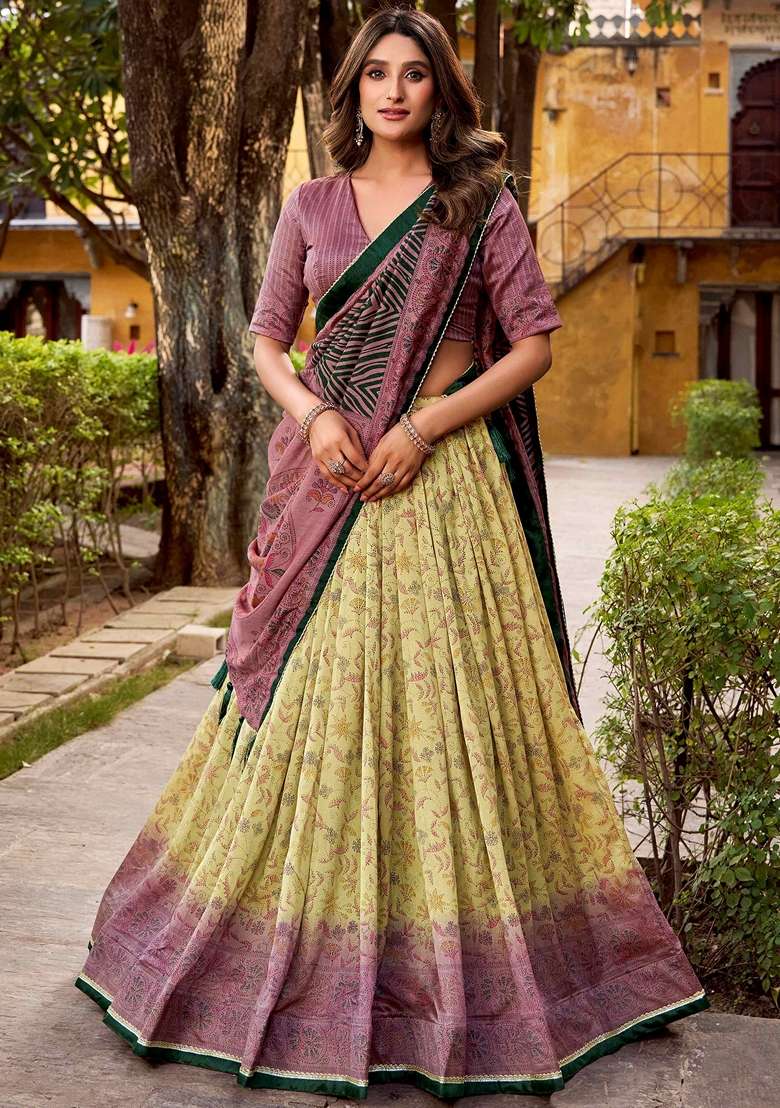 Green Printed Silk Blend Lehenga Set for Diwali and Festive Wear - Indya