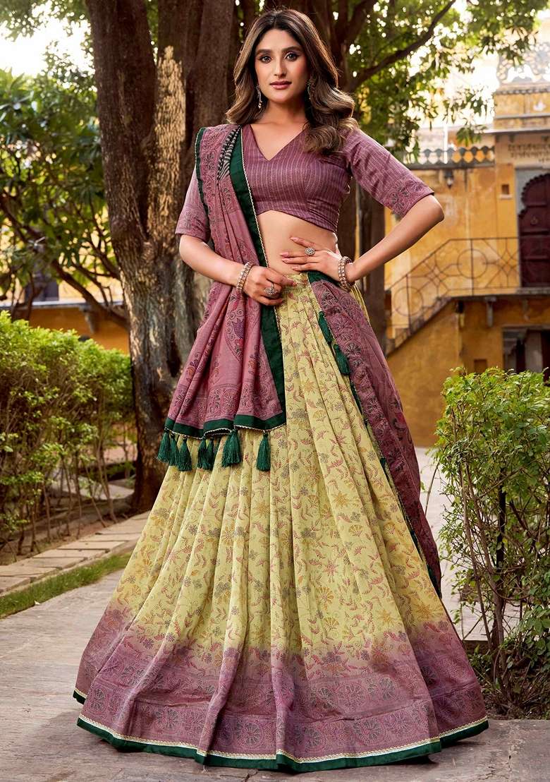 Green Printed Silk Blend Lehenga Set for Diwali and Festive Wear - Indya