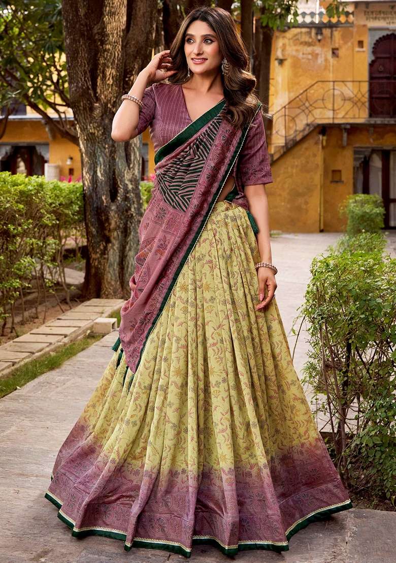 Green Printed Silk Blend Lehenga Set for Diwali and Festive Wear - Indya