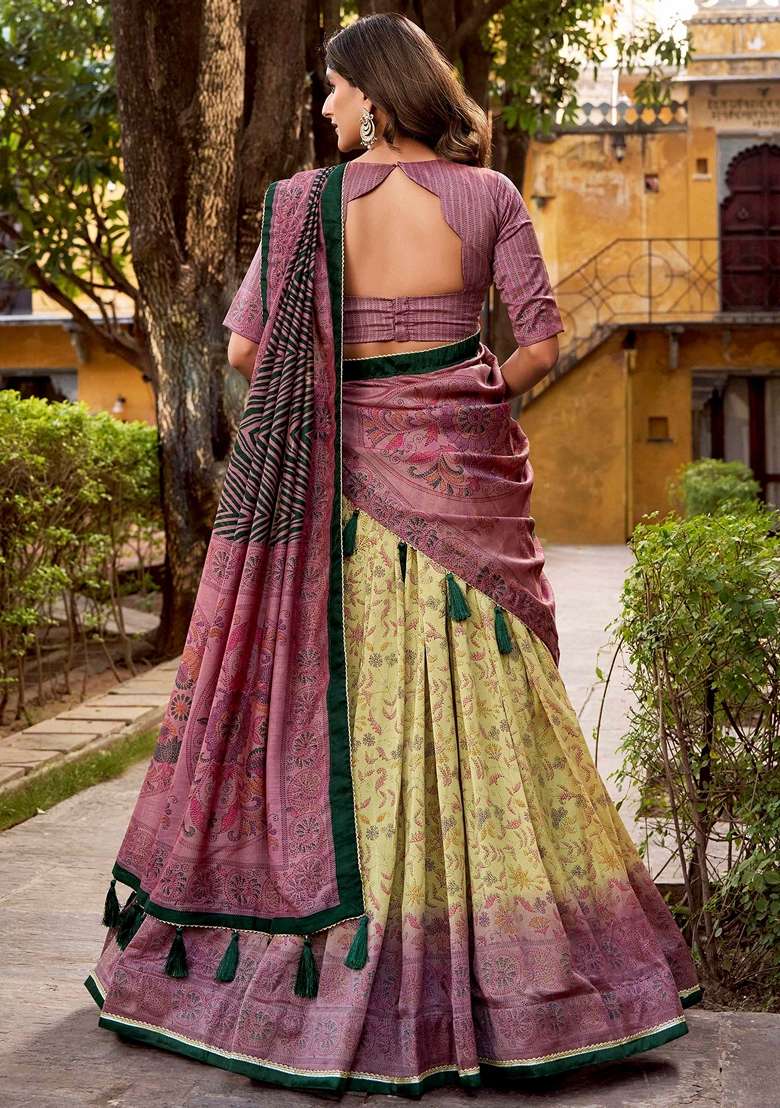 Green Printed Silk Blend Lehenga Set for Diwali and Festive Wear - Indya