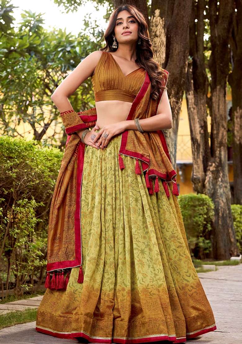 Green Printed Silk Blend Lehenga Set for Diwali and Festive Wear - Indya