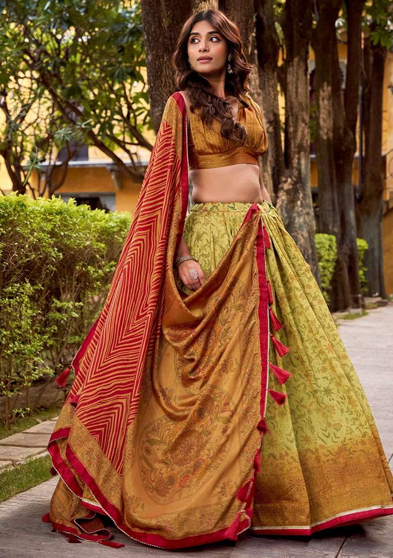 Green Printed Silk Blend Lehenga Set for Diwali and Festive Wear - Indya