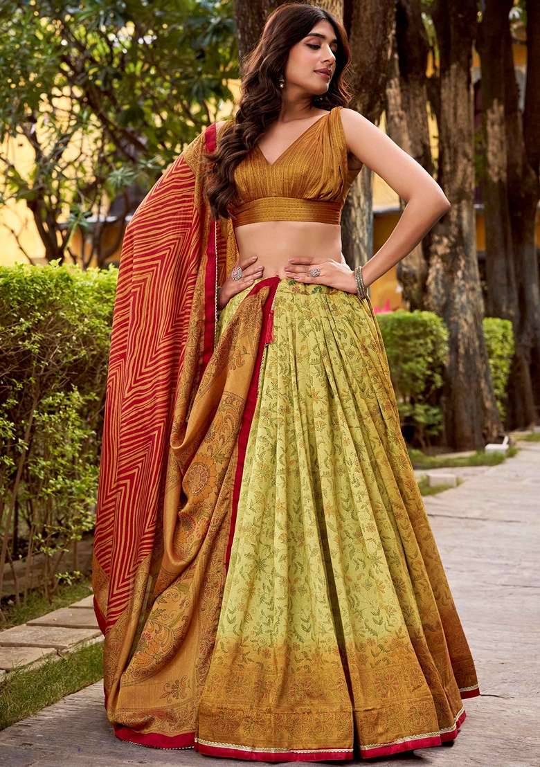 Green Printed Silk Blend Lehenga Set for Diwali and Festive Wear - Indya