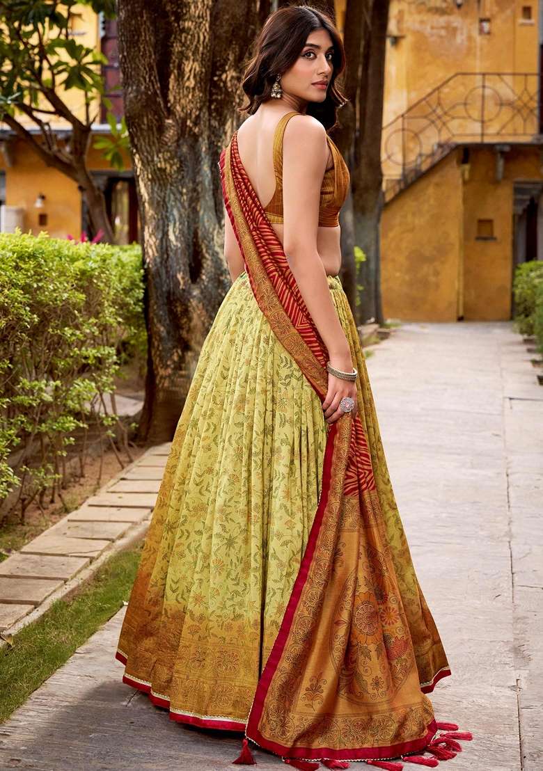 Green Printed Silk Blend Lehenga Set for Diwali and Festive Wear - Indya
