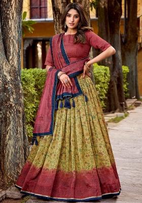 Yellow Printed Silk Lehenga Set