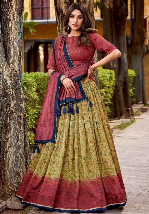 Yellow Printed Silk Lehenga Set — view on Indya