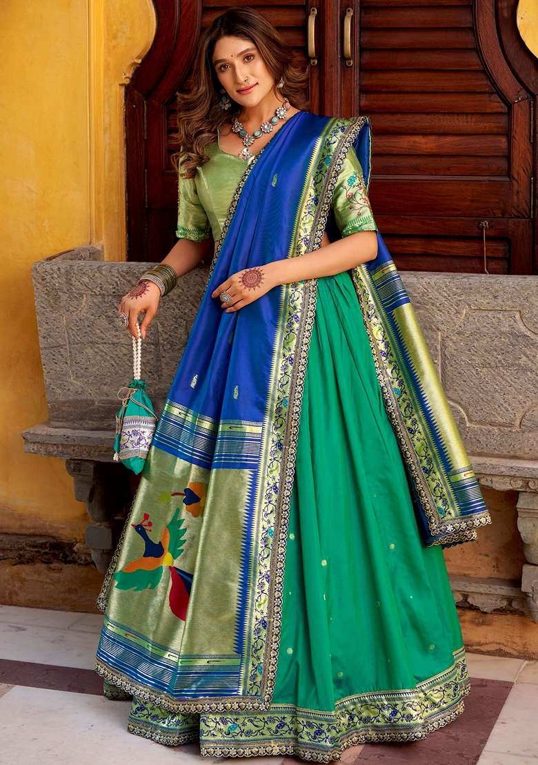 Green Silk Blend Lehenga Set with Sequins for Diwali | Wedding & Festive Wear - Indya